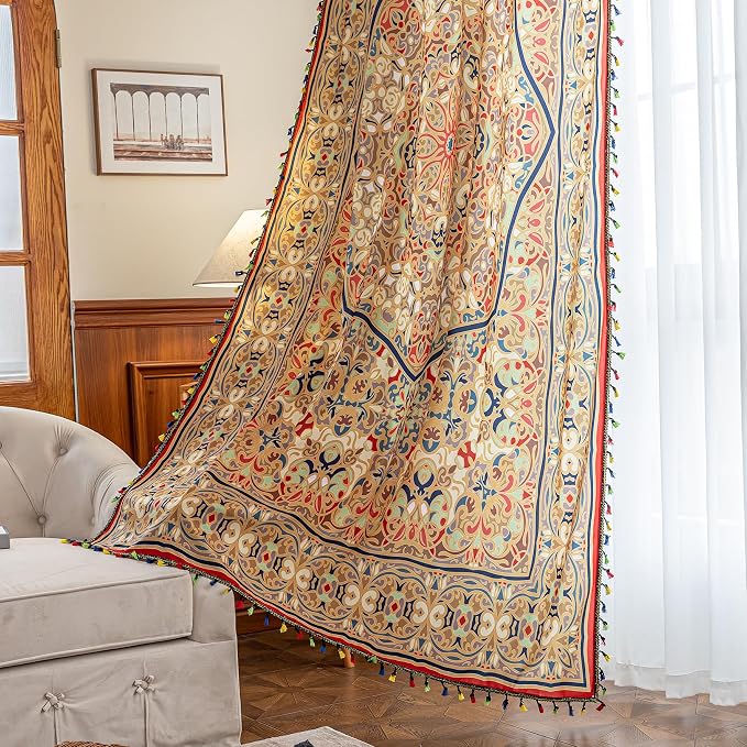Gold Medallion Curtains 102 Inches Long, Boho Farmhouse Light Filtering Rod Pocket Drapes with Tassel Trim for Bedroom Living Room, 2 Panels