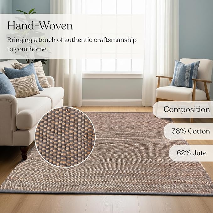 Handwoven Jute and Cotton Area Rug - Natural Rug, Farmhouse Accent Rug for Living Room, Bedroom, or Entryway - Sustainable, Flatweave - (5x8 Dark Grey)