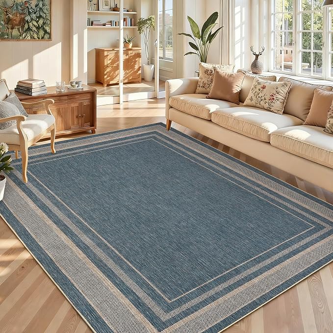 GarveeHome 5x7 Washable Rug for Bedroom Solid Easy Jute Living Room Rugs | Non Slip Modern Neutral Bordered Stain Resistant Indoor Throw Carpet for Nursery Kitchen Dining Room Entryway, Blue