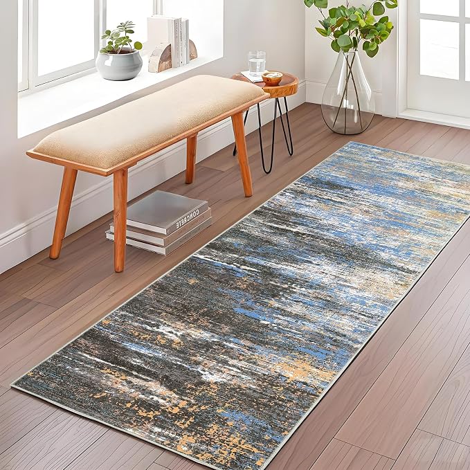 ROYHOME Washable Runner Rug 2x6 Modern Abstract Kitchen Rugs, Non Slip Bathroom Rug, Low Pile Laundry Room Soft Long Carpet for Hallway Bedroom Entryway, Blue/Brown