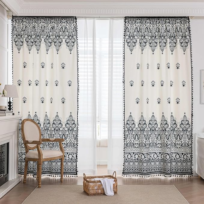 Black Damask Curtains 84 Inches Long, Boho Farmhouse Light Filtering Rod Pocket Drapes with Tassel Trim for Bedroom Living Room, 2 Panels