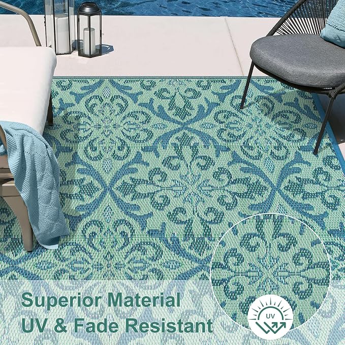 Lahome Waterproof Outdoor Rug 6x9 ft, Reversible Plastic Straw Patio Rug for Camping, RV Mat Outside, Indoor Outdoor Carpet for Porch Deck Backyard Camper Picnic, Light Blue and Green 6x9