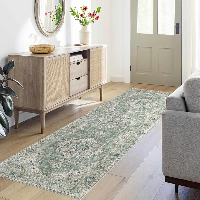 LUXRUG Kitchen Runner Rugs Non Skid Washable - 2.5x8ft Long Sage Green Farmhouse Boho Hallway Runner Rug Low Pile Soft Vintage Farmhouse Oriental Carpet for Hallway Laundry Room Entryway Bedroom