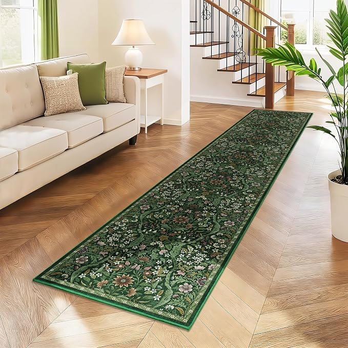 2x10 Washable Runner Rug,Dark Green Floral Kitchen Rugs for Hallway,Low-Pile Non-Slip Stain Resistant Carpet for Kitchen, Bedside,Laundry Room,Entryway