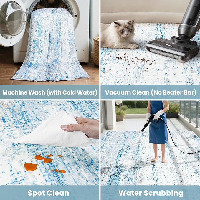 10x12 Area Rugs Washable Rug: Anti-Skid Abstract Modern Living Room Rug Soft Thin Carpets Indoor Floor Non-Shedding Carpet for Bedroom Dining Nursery Home Office (Light Blue/White/Beige,10'x12')