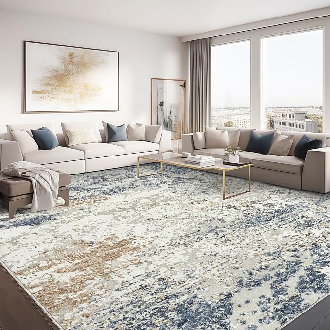 Art&Tuft Washable Rugs 7x9, Anti-Slip Backing Abstract Area Rug 7x9, Stain Resistant Rugs for Living Room, Foldable Machine Washable Area Rug(7'x9', Blue)