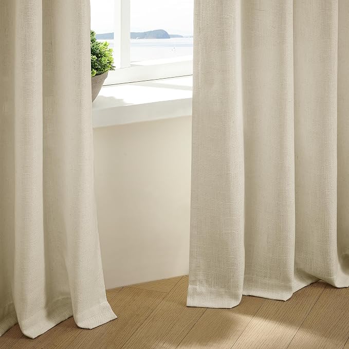 Pinch Pleated Extra Wide Beige Linen Curtain 90 Inches Long 70 Wide 1 Panel | for Patio Sliding Door Living Room, Pinch Pleat with Hooks Rings, Room Divider, Light Filtering Semi Sheer Privacy W70xL90