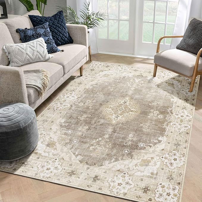 MUJOO 5'x7' Area Rugs Beige Washable Boho Rug Non Slip Low-Pile Floral | Machine Washable Large Throw Carpet for Bedroom Living Room Dining Room Soft Floor Indoor Vintage Bohemian Flowers