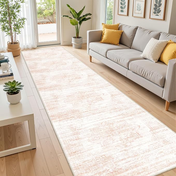2x10 Runner Rug, Long Hallway Rugs for Dining Room, Living Room, Bedroom, Machine Washable Kitchen Carpet Runner with Rubber Backing, Soft Low Pile Indoor Rug(2'x10', Pink/White)