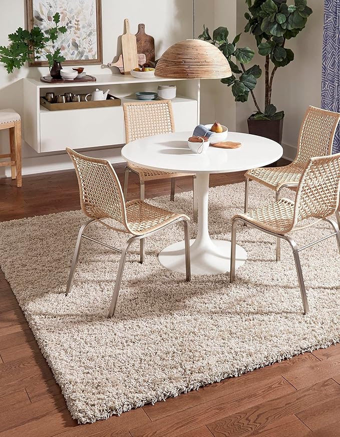 Unique Loom Solid Shag Collection Area Rug (5' 1" Square, Taupe) | Modern solid area rug for dining room, living room & bedroom. Stain-resistant, easy-care, kid & pet friendly