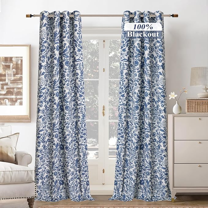 DriftAway Julia 100% Blackout Curtains Grommet 2 Panels, W52xL108, Navy | Floral Curtains, Bedroom, Living Room, Linen Blend, Watercolor Pattern, 2 Layers, Thermal Insulated, Window Treatment