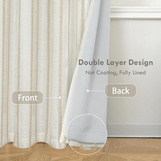 DriftAway Farmhouse Linen Stripe Blackout Curtains, Grommet, W52xL54, Beige | Blackout, Linen Texture, Stripe Pattern, Rod Pocket & Back Tab, Two Layers, Bedroom Living Room Use, Sound Reducing Design
