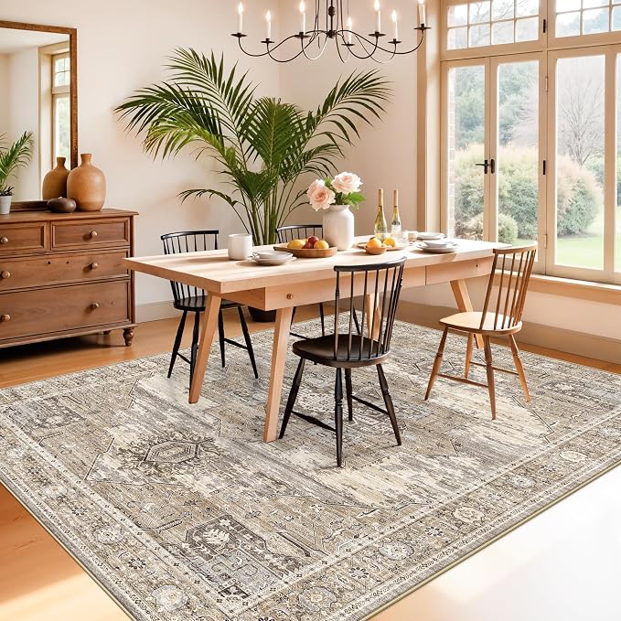 RUUGME 6x8 Washable Oriental Area Rug - Living Room Rugs with Non Slip Backing Soft Stain Resistant Carpet for Bedroom Kitchen Ultra Thin Low Pile Home Decor Floor Mat for Bathroom Nursery 6x8 Beige