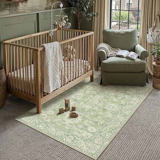 4x6 Green Washable Area Rug for Living Room Bedroom Neutral Floral Soft Non Slip Rug Low Pile Distressed Carpet for Dining Room Nursery Office Indoor