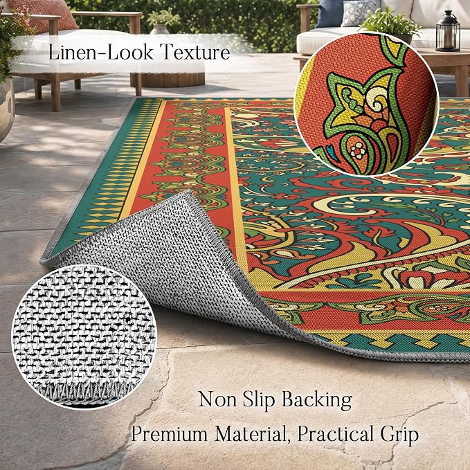 Arenarug Paisley Outdoor Rug Waterproof 4x6, UV Resistant Non Slip Patio Rug, Indoor Outdoor Boho Camping Rug Linen-Look RV Carpet for Deck Balcony Backyard, Terracotta