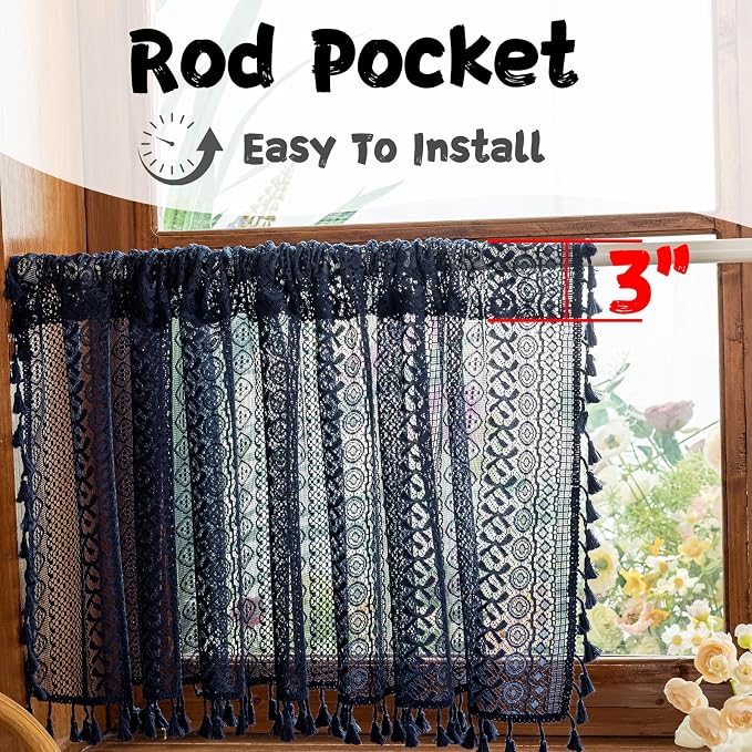 Sutuo Home Navy Blue Boho Curtains Valance 18 Inches Long for Kitchen Cafe, Sheer Lace Short Curtains Bohemian Crochet Privacy Macrame Vintage Tassels Cottagecore Closet Decor Rod Pocket,2 Panels 50"W