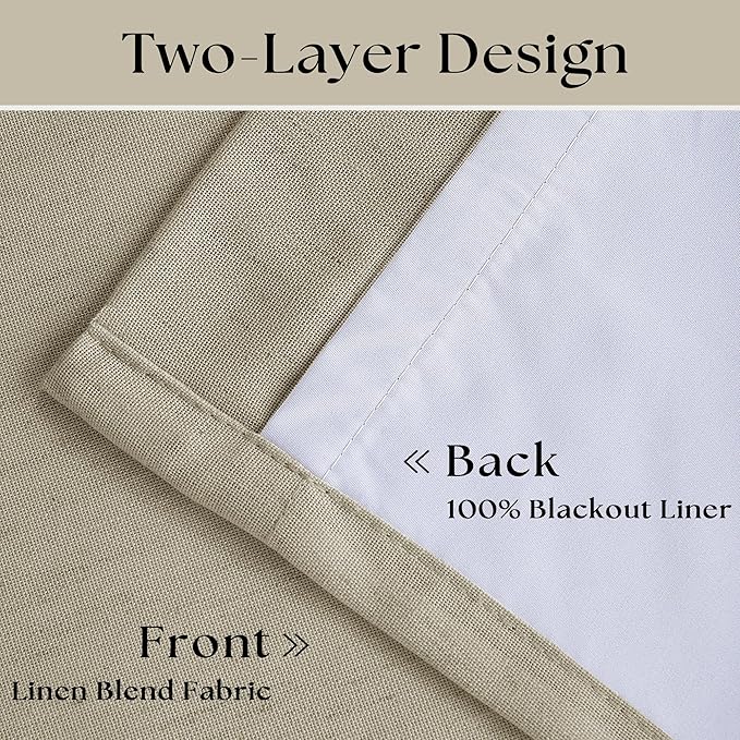 90 Inch 100% Blackout Linen Pleated Curtains 2 Panels for Living Room Pinch Pleated Back Tab Black Out Drapes Memory Shape Taupe Heat Reducing Pinch Pleat Window Curtains for Bedroom 90 Inches Long