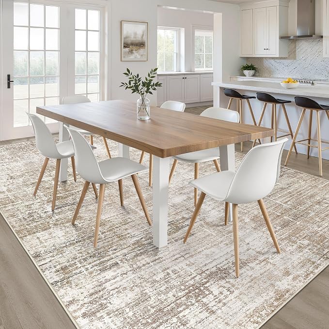 7x9 Area Rug Living Room: Washable Large Neutral Rug Abstract Soft Modern Stain Resistant Indoor Floor Non-Slip Carpet for Bedroom Nursery Kids Office Playroom Dining Room Under Table- Dark Brown