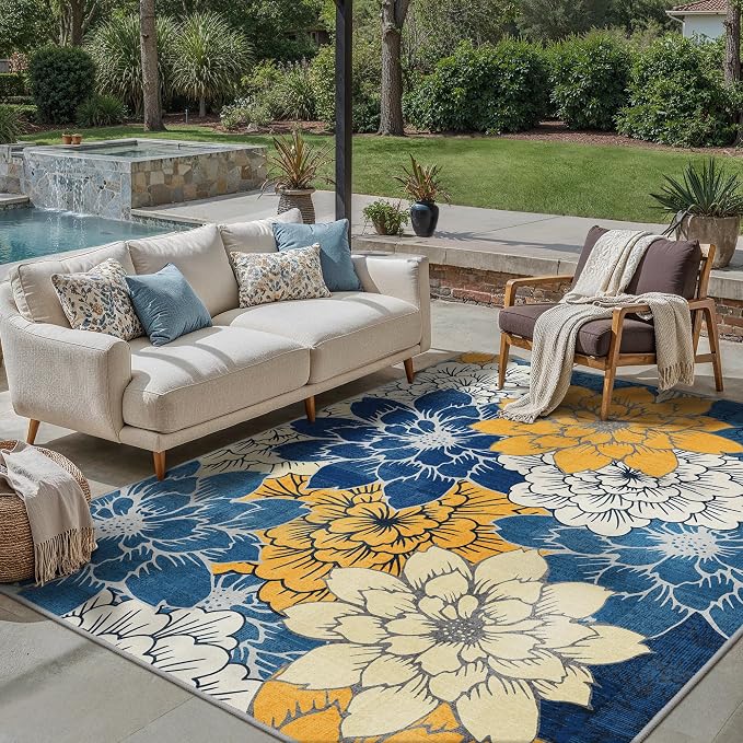 GENIMO 8x10 Outdoor Rug, Washable for Patio and Deck, Blue Yellow | Floral design for backyard; fade resistant chenille with quick-dry non-slip backing for indoor living rooms