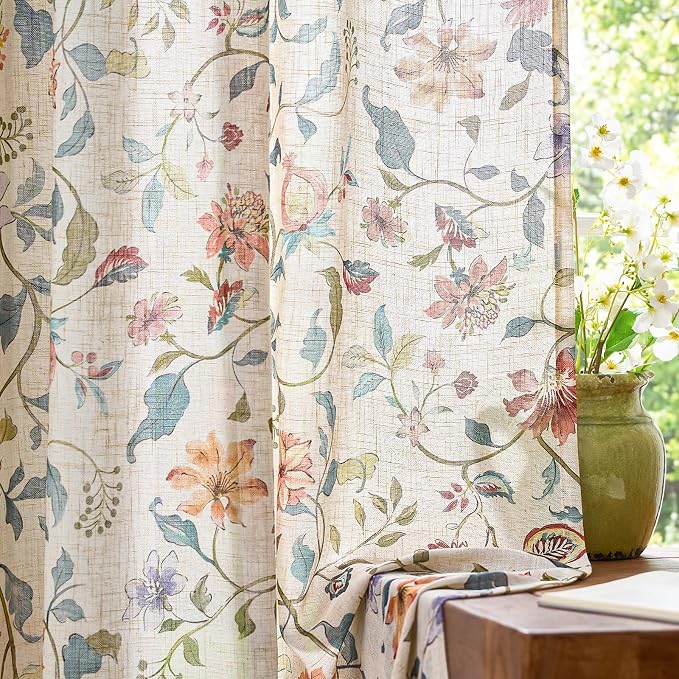 jinchan Beige Floral Linen Curtains 108 Inch Vintage Back Tab 2 Panels | Farmhouse, cottage core, light filtering, semi sheer, privacy, living room, bedroom, flower, rod pocket, window treatment
