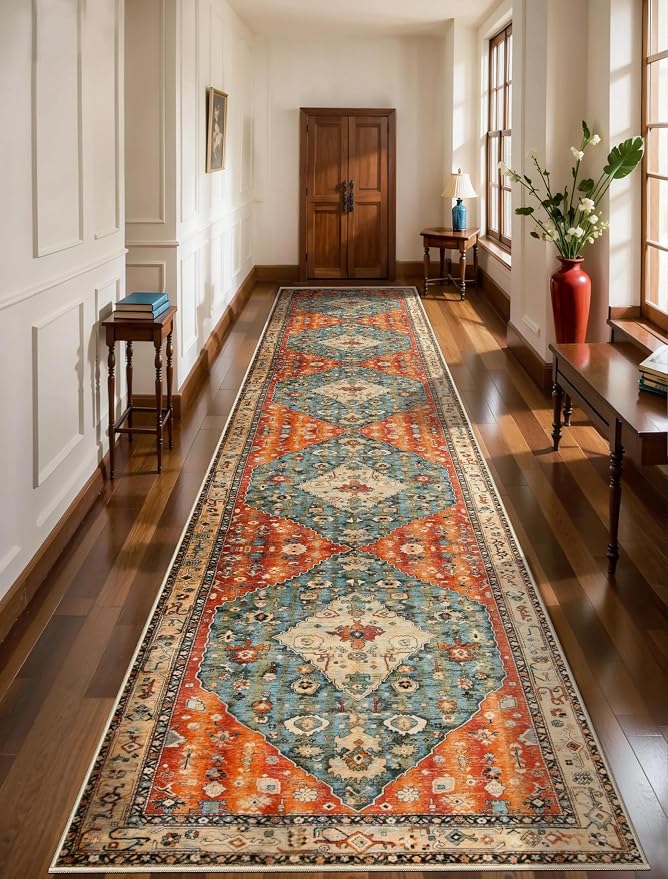 SERISSA Runner Rug for Hallways, 3x14 Washable Non Slip Kitchen Runner Rug, Extra Long Boho Rug Ultra Soft Vintage Tribal Print Floor Carpet for Bedroom Hallway Entryway Bathroom Laundry Room