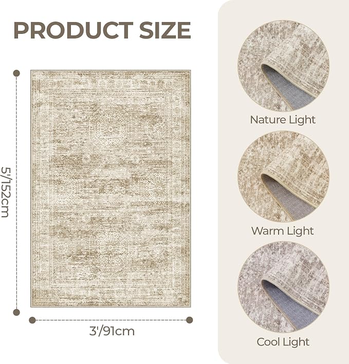 3x5 Rug for Entryway,Washable Area Rug,Brown | Small Rug for Kitchen,Hallway,Bedroom,Living Room,Dining Room,Thin,Soft, Neutral Rug,Stain Resistant Indoor Carpet,Non Slip