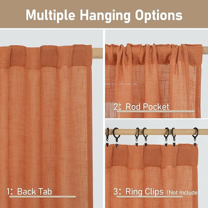 LAMIT Burnt Orange Sheer Linen Curtains, 108 inch Light Filtering Semi Sheer Panels Back Tab and Rod Pocket Fall Decor Drapes for Bedroom/Living Room, 2 Panels, 52 x 108 Inch