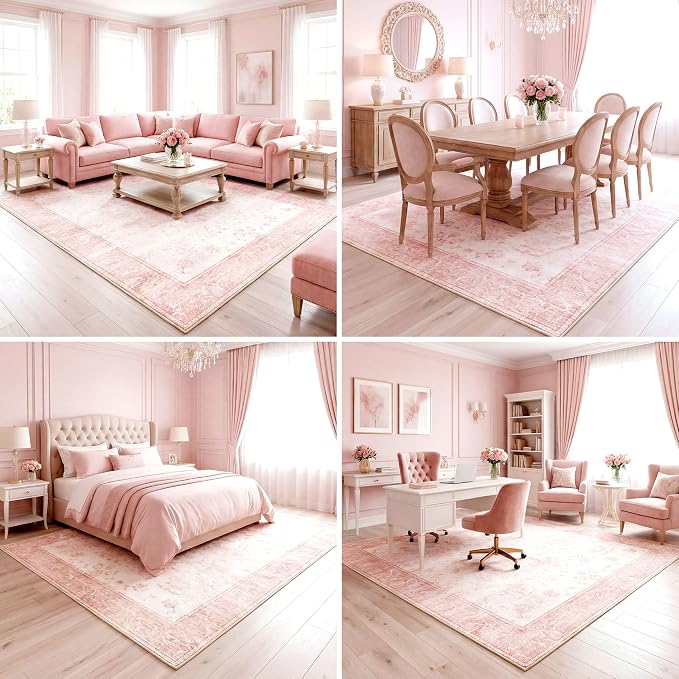 Extra Large Washable Area Rug, 0.3" Low Pile Non-Slip Rug, Cotton-Backed Silicone Grip, Water Resistant Faux Wool Carpet, for Nursery Bedroom Living Room, 9'x12', Blush Pink/White