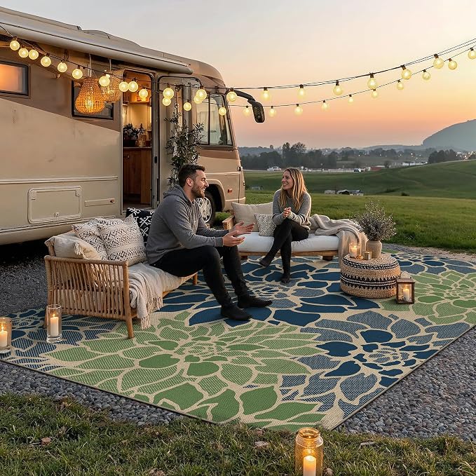 PureCozy 6x9 Easy Jute Outdoor Rug Navy/Green Floral Textured Indoor Outdoor Area Rug Farmhouse Patio Carpet for Backyard, Patio, Porch, Easy-Cleaning, High Traffic, Pet-Friendly, Non-Shedding