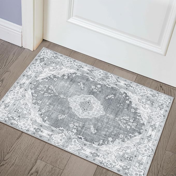 MUJOO Grey Rug 2'x3' Washable Area Rug Small Non Slip Low-Pile Floral | Machine Washable Throw Carpet for Entryway Kitchen Bathroom Bedroom Boho Soft Indoor Vintage Bohemian Distressed Flowers