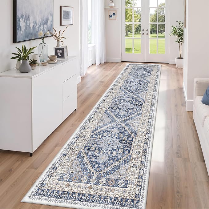 zesthome Long Rugs Runner - Washable Runner Rugs for Hallway 2x10, Ultra-Thin Soft Kitchen Carpet Runner, Anti Slip Backing Runner Rugs for Entrance, Bedroom, Living Room(Blue/Beige,2'x10')