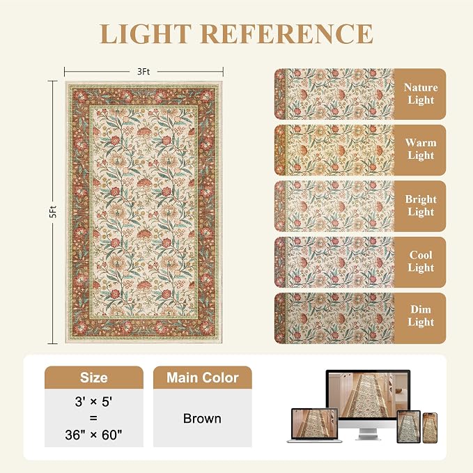 DUKINO 3x5 Rug, Washable Vintage Floral Bedroom Area Rug Non Slip, Brown | Low Pile, Non-Shedding, Stain Resistant Boho Lightweight Soft Indoor Carpet for Bathroom Office Dining Living Room Farmhouse