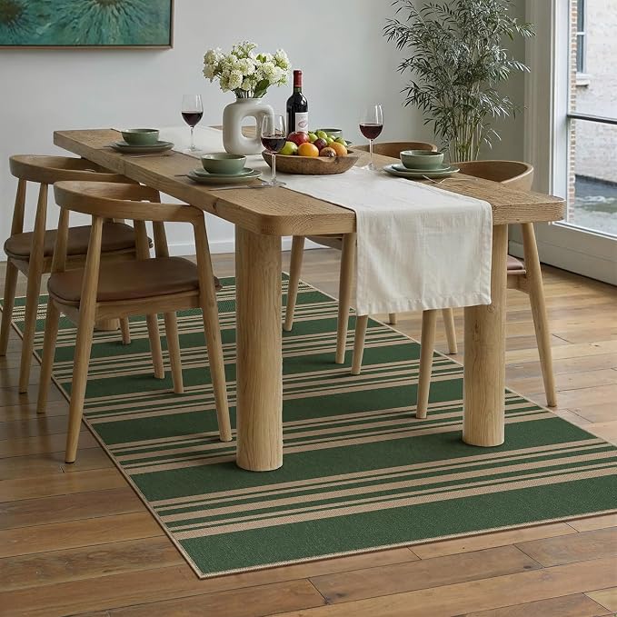 PureCozy Outdoor Rug 3x5 Washable Striped Jute Look Non Slip Carpet | Green and Tan Stripe Farmhouse Design, Indoor Outdoor Rug for Entryway Kitchen Bathroom Bedroom, Non Shedding, Neutral Decor