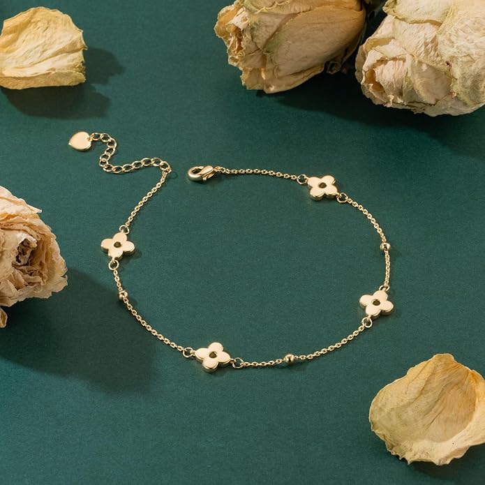 14K Gold Plated Anklets for Women Four-Leaf Clover 14K Gold Plated Ankle Bracelets for Women Golden Jewelry for Womens Anklets Bracelets Romantic Floral Adjustable 9.4+1.6in