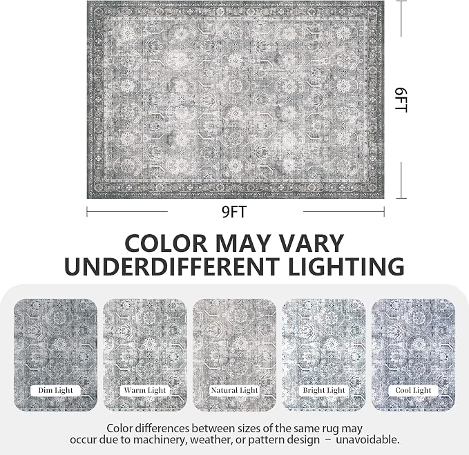 Living Room Rug 6x9, Soft Non Slip Low Pile Washable Rug, Boho Modern Area Rug for Bedroom, Dining Room, Distressed Grey