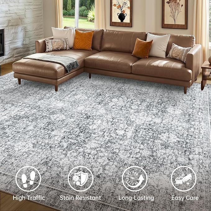 Sasttie 6x9 Area Rugs, Ultra-Soft Washable Rug, Low Pile Foldable Thin Carpets with Non-Slip Backing, Skin-Friendly Stain Resistant Carpet for Living Room, Bedroom, Kitchen, Dorm, 6x9, Light Grey