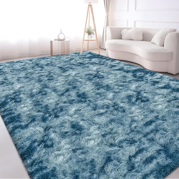 Modern Plush Shaggy 8x10 Large Rug for Living Room Tie Dyed Blue Fluffy Fuzzy Area Rug for Bedroom Aesthetic Big Shag Carpet for Nursery, Playroom, Kids Boys Girls Room