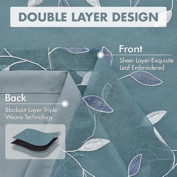 MIULEE Dusty Blue Double Layer Curtains 63 Inches Long, Leaf Patterned Sheer Floral Drapes and Blackout Room Darkening Window Curtains for Living Room Bedroom, Grommets Top, 52" W x 63" L, 2 Panels