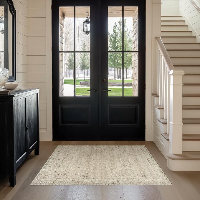 BILEEHOME Boho Kitchen Rug Washable,2x3 Non Slip Farmhouse Neutral Small Area Rug for Bathroom Bedroom Indoor Entrway Ultra Thin Fit Under Door,Tan Brown and Cream Beige