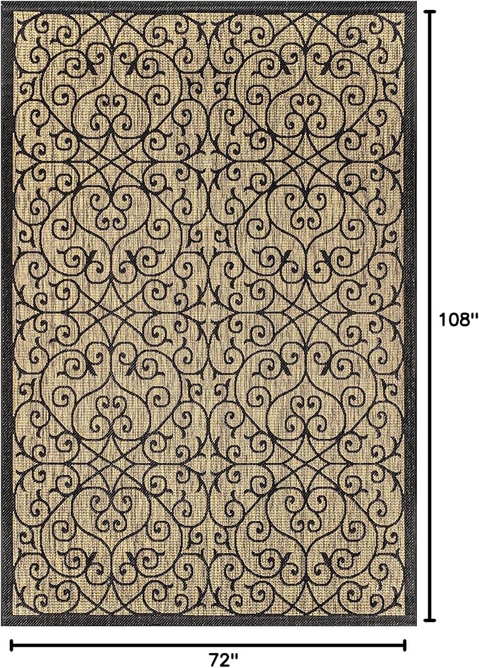 JONATHAN Y Vintage Filigree Indoor Outdoor Area Rug 6X9 Black/Khaki, Madrid Textured Weave for Backyard, Patio, Porch, Easy-Cleaning, High Traffic, Pet-Friendly, Non-Shedding (SMB107A-6)