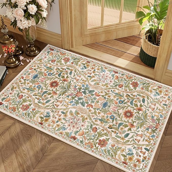 Floral 2x3 Entryway Rug,Washable Front Door Mat Indoor Non Slip Low Pile Small Carpet, Soft Beige Boho Botanical Throw Rug for Bathroom Bedroom Kitchen Laundry Indoor Entrance
