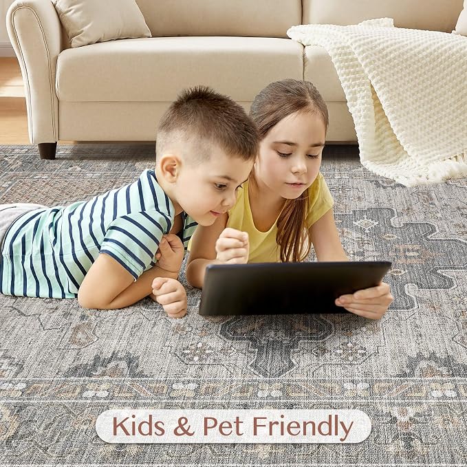 Tortania Area Rug Living Room Rugs - 10x12 Washable Boho Rug Vintage Oriental Distressed Farmhouse Large Thin Indoor Carpet for Living Room Bedroom Under Dining Table Home Office - Brown Gray