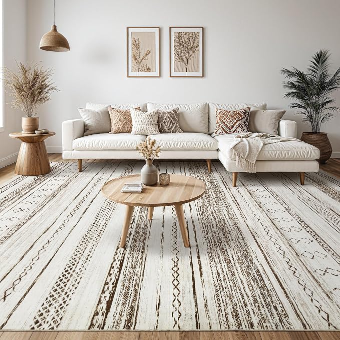 Tortania Area Rug Living Room Rugs - 7x9 Washable Large Soft Neutral Boho Moroccan Bohemian Farmhouse Rug Indoor Floor Carpet for Bedroom Under Dining Table Home Office Decor - Beige