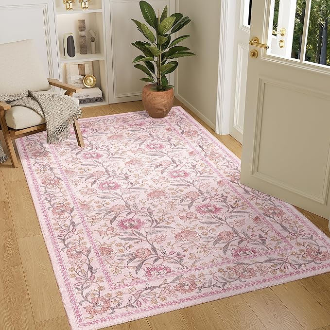 DUKINO 4x6 Area Rug, Washable Vintage Floral Rug for Living Room, Pink | Non Slip, Low Pile, Stain Resistant Boho Lightweight Soft Indoor Carpet for Bedroom Office Dining Room Entryway Farmhouse