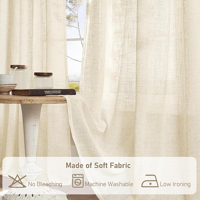 LAMIT Beige Linen Semi Sheer Curtains 48 Inch for Bedroom, Light Filtering Neutral Window Curtains Farmhouse Boho Back Tab and Rod Pocket Panels, 2 Panels, 52 x 48 Inch