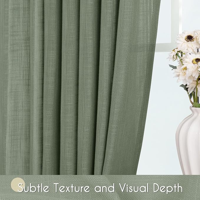Olive Green Curtains 108 inch Length 2 Panels for Bedroom Back Tab Light Filtering Semi Sheer Drapes Linen Cotton Textured Airy Modern Farmhouse Living Room Sage Aesthetic Decor 52x108