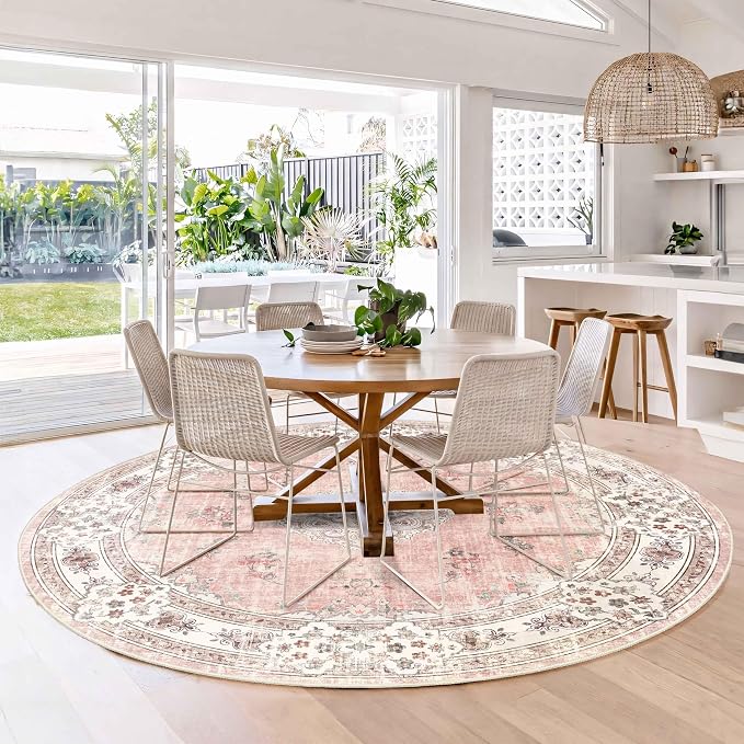 MUJOO Pink Round Rug 6ft,Circle Washable Area Rug Non Slip Low-Pile Floral | Large Circular Rugs for Bedroom Living Room Dining Room Boho Throw Carpet Soft Floor Indoor Flowers Light Blush