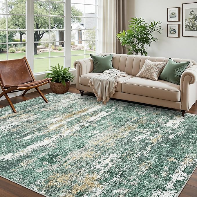 ROYHOME Abstract Rugs 10x14 Washable Modern Area Rug Stain Resistant for Living Room Soft Carpet with Non-Slip Backing for Bedroom Dining Table Nursery Green