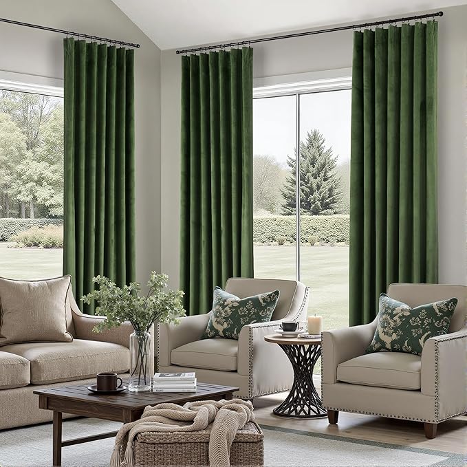 Olive Green Velvet Curtain 84 Inch Length 2 Panel for Living Room Darkening Thick Luxury Plush Velour Thermal Insulated Long Drape Hunter Dark Green Curtain for Bedroom Christmas Decor Back Tab Pocket
