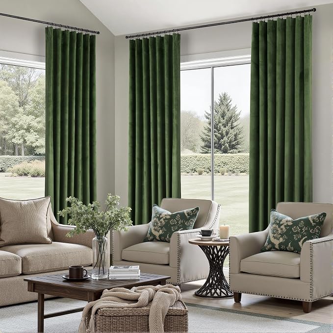 Luxury Velvet Olive Green Curtains 102 Inches Long 2 Panels for Living Room Darkening Dark Out Forest Green Bedroom Curtain Thermal Insulated Custom Made Length Fancy Botanical Coastal Decor Back Tab
